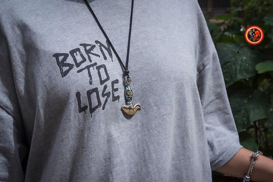 pendentif bouddhiste tibetain, kartika. Couteau des daïkinis. Tantrique. Argent 925, cuivre. DZI tournant, mantra de la compassion Turquoise - obsidian dragon