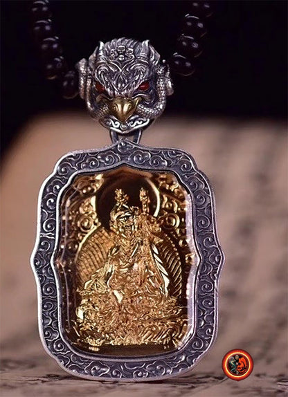 pendentif amulette de protection bouddhiste Guru Rinpoche mala de prière et méditation 108 perles, argent 925 or 18K bélière Garuda - obsidian dragon