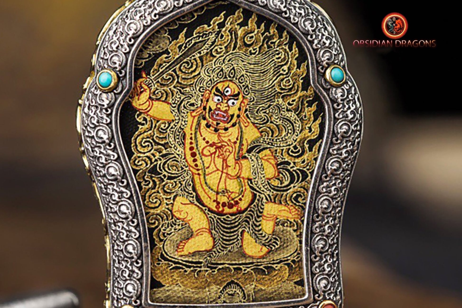 Pendentif Bouddha Acala. Ghau, amulette de protection tibétaine. Véritable tangka artisanal - obsidian dragon
