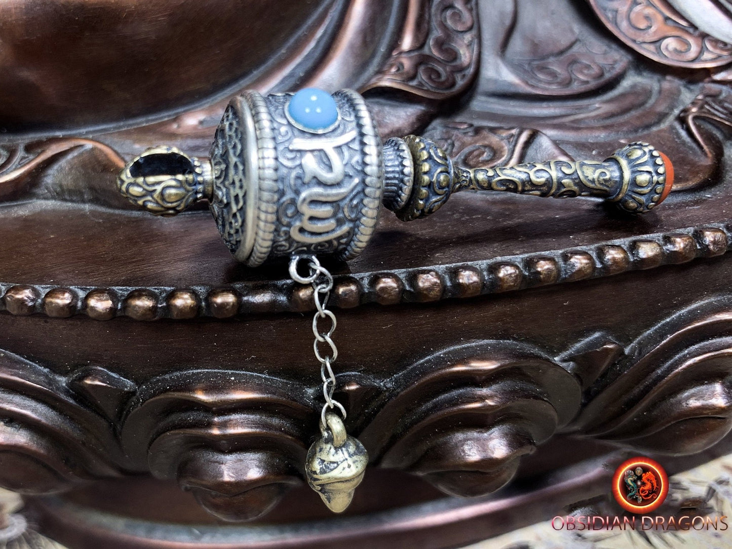 Pendentif tibetain moulin a prière, bouddhisme tibetain vajrayana. Argent 925 poinçonné - obsidian dragon