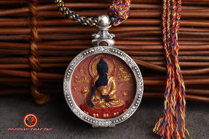 Pendentif bouddha tibétain, amulette tibétaine, tsa tsa en argile authentique dans son reliquaire en argent 925. bouddha medecine Sangyé Menla - obsidian dragon