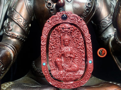 Pendentif, amulette bouddhiste tibétaine, bouddha. Manjushri. Cinabre. sutra du coeur en nanoscript. Protection bouddhiste. Avec cordon - obsidian dragon