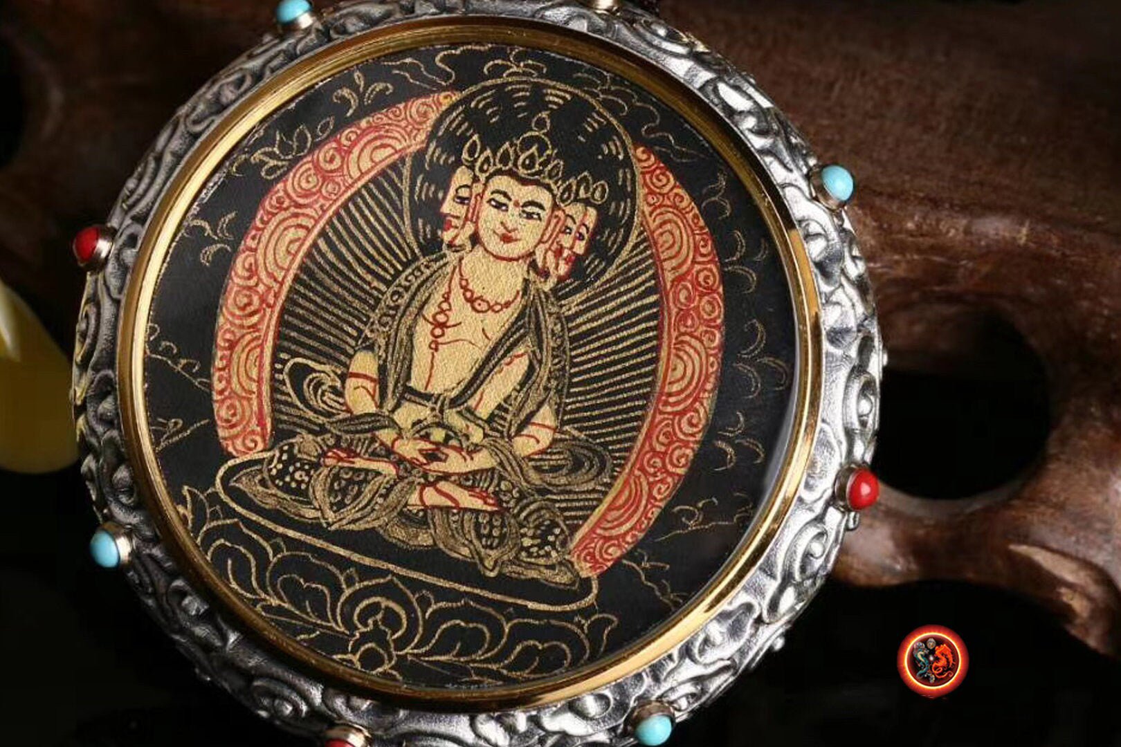 Pendentif Bouddha Vairocana .Amulette de protection bouddhiste tibétain avec tangka argent massif 925 - obsidian dragon