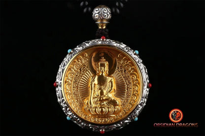 ghau, gau amulette bouddha Sakyamuni, Siddartha Gautama, bouddhisme vajrayana tibetain. Argent 925, plaqué or 24K, deux tailles disponibles - obsidian dragon