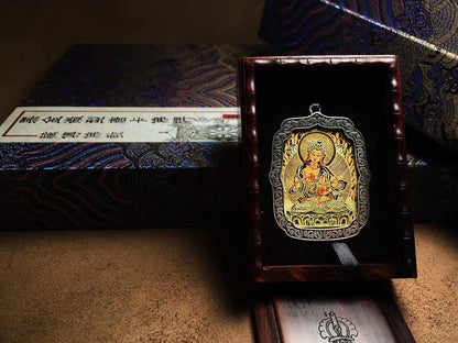 Pendentif Bouddha Samantabhadra. Amulette de protection tibétaine en argent massif 925 - Tangka traditionnel - obsidian dragon