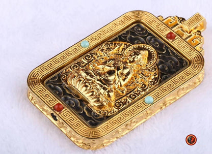 Pendentif Bouddha, Samantabhadra. Amulette de protection bouddhiste  Argent 925 plaqué or 18K. Pendentif tournant - obsidian dragon