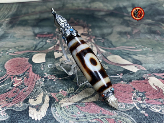 Pendentif DZI tibetain authentique. Protection tibétaine. enchâssé dans son reliquaire en argent 925. Bouddha en méditation. Turquoise agate - obsidian dragon