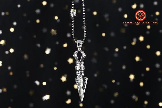 Pendentif de protection bouddhiste vajrayana. Phurba, dague pour vaincre les demons du bouddhisme vajrayana. Argent 925 poinçonné. - obsidian dragon