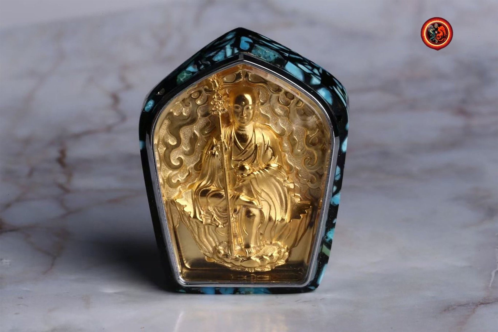 pendentif bouddha Kshitigarbha/ Dizang/ Jizo bodhisattva. Amulette de protection bouddhiste. Argent 925, plaqué or 24k, turquoise. - obsidian dragon