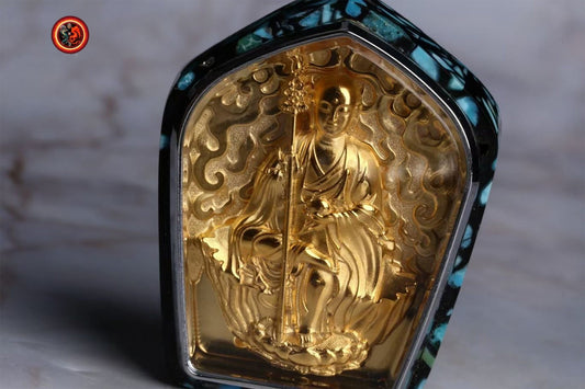 pendentif bouddha Kshitigarbha/ Dizang/ Jizo bodhisattva. Amulette de protection bouddhiste. Argent 925, plaqué or 24k, turquoise. - obsidian dragon