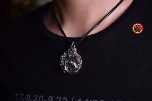 pendentif dragon pixiu. talisman, amulette de protection feng shui. Bonne fortune. Argent 925 poinçonné, cuivre, turquoise, agate nan hong. - obsidian dragon