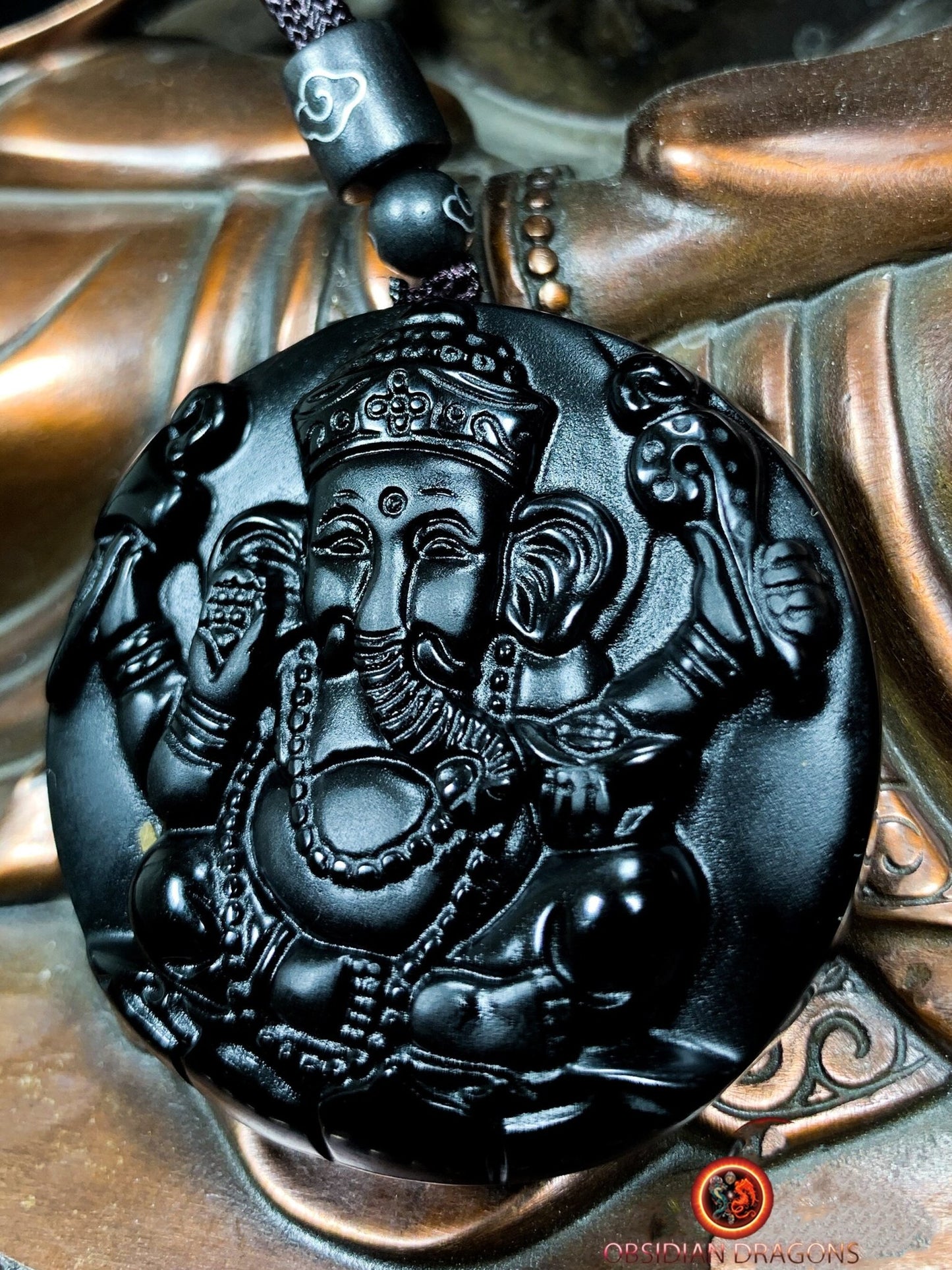 Pendentif Ganesh en obsidienne naturelle