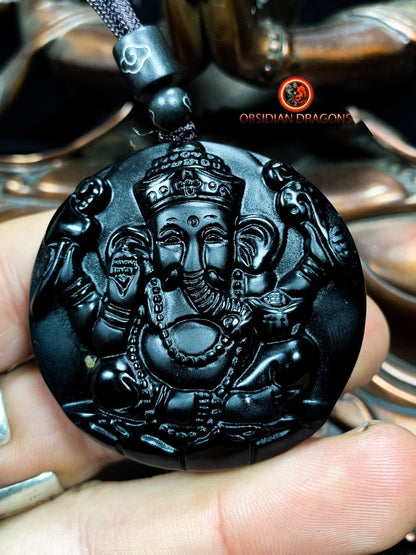 Pendentif Ganesh en obsidienne naturelle