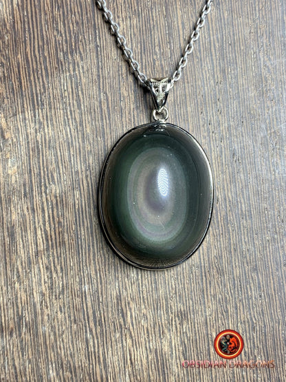 Pendentif, obsidienne oeil celeste naturelle, sertie en argent 925, pièce unique - obsidian dragon