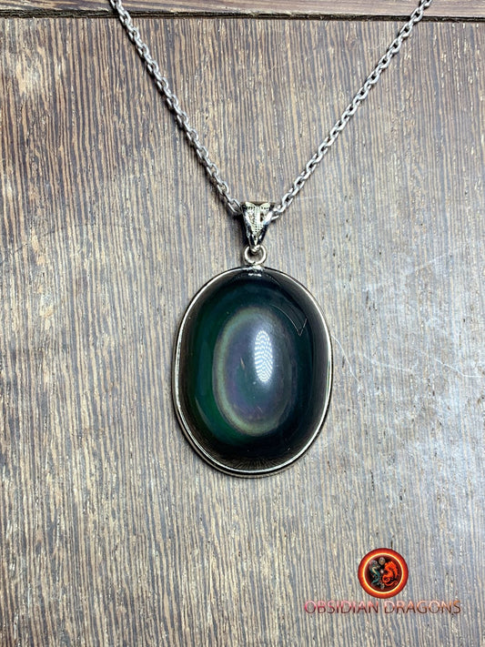 Pendentif, obsidienne oeil celeste naturelle, sertie en argent 925, pièce unique - obsidian dragon