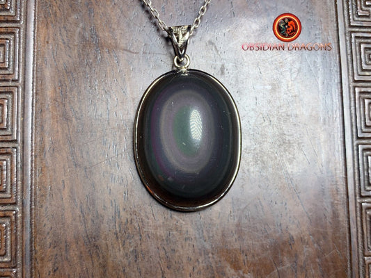 Pendentif, obsidienne oeil celeste naturelle, sertie en argent 925, pièce unique - obsidian dragon