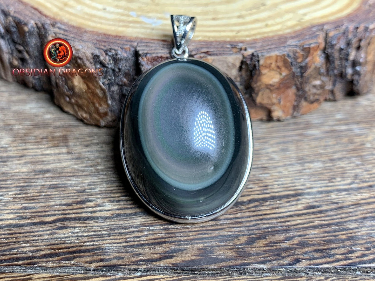 Pendentif, obsidienne oeil celeste naturelle, sertie en argent 925, pièce unique - obsidian dragon