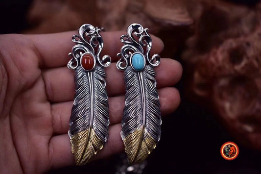 pendentif plume d'aigle, inspiration chaman amérindien, Argent 925 poinçonné cuivre au choix turquoise ou agate nan hong naturelles - obsidian dragon