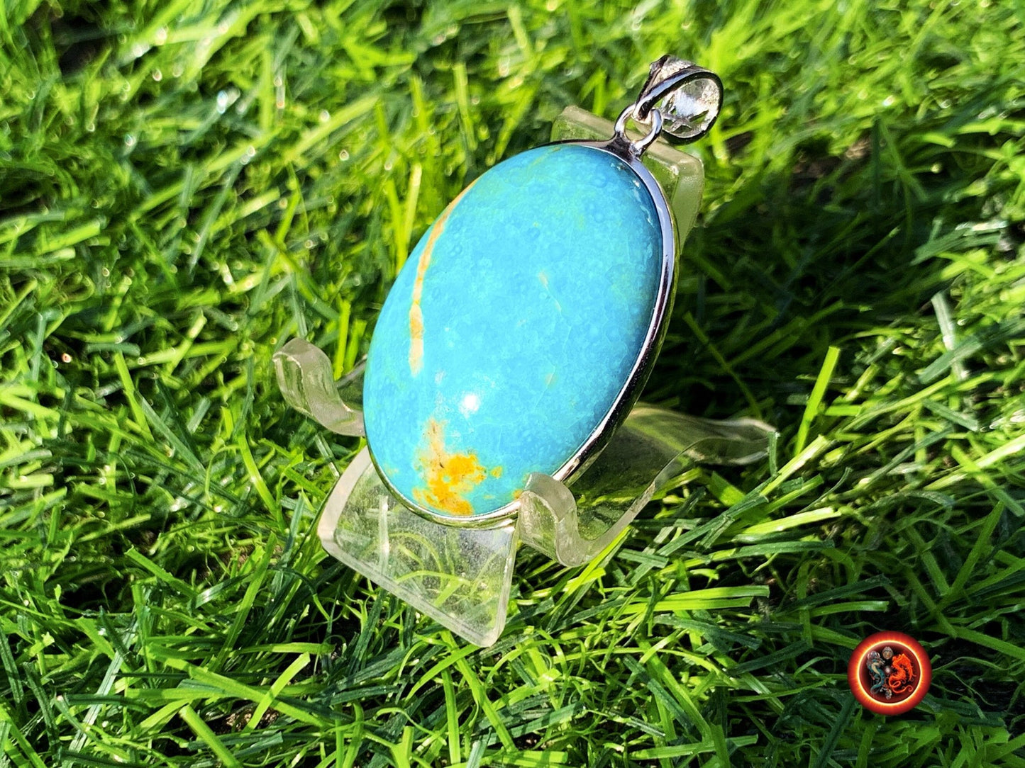 Turquoise. Pendentif turquoise. Turquoise royston, Turquoise américaine du Nevada. turquoise naturelle expertisée. Sertie en argent 925. - obsidian dragon