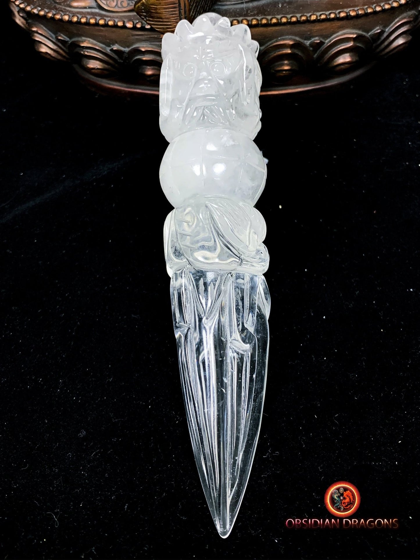 Grand et rare phurba en cristal de roche naturel, dague de rituel bouddhiste ésotérique pour vaincre les demons Pièce artisanale - obsidian dragon