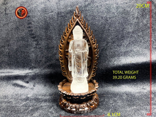 Statuette Bouddha Amitabha, Amida, Amitofo des terres pures de l'ouest. Cristal de roche de grande qualité, certifié. Support en palissandre - obsidian dragon
