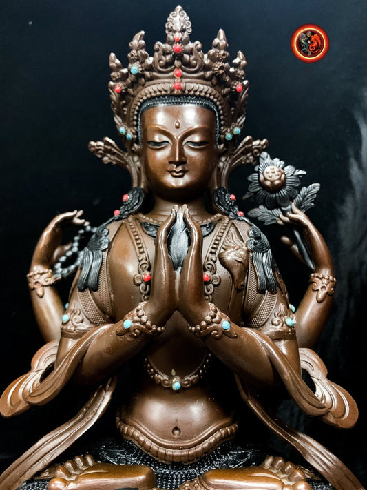 Statue, statuette bouddhiste exceptionnelle. Bouddha bodhisattva Chenrezi, Guan yin en posture de powa . Bronze de haute qualité. - obsidian dragon