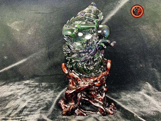 Dragon en obsidienne oeil celeste.Exceptionnelle statue entièrement faite a la main. Dragon, protecteur feng shui. support en cèdre. unique - obsidian dragon