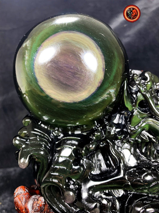 Dragon en obsidienne oeil celeste.Exceptionnelle statue entièrement faite a la main. Dragon, protecteur feng shui. support en cèdre. unique - obsidian dragon