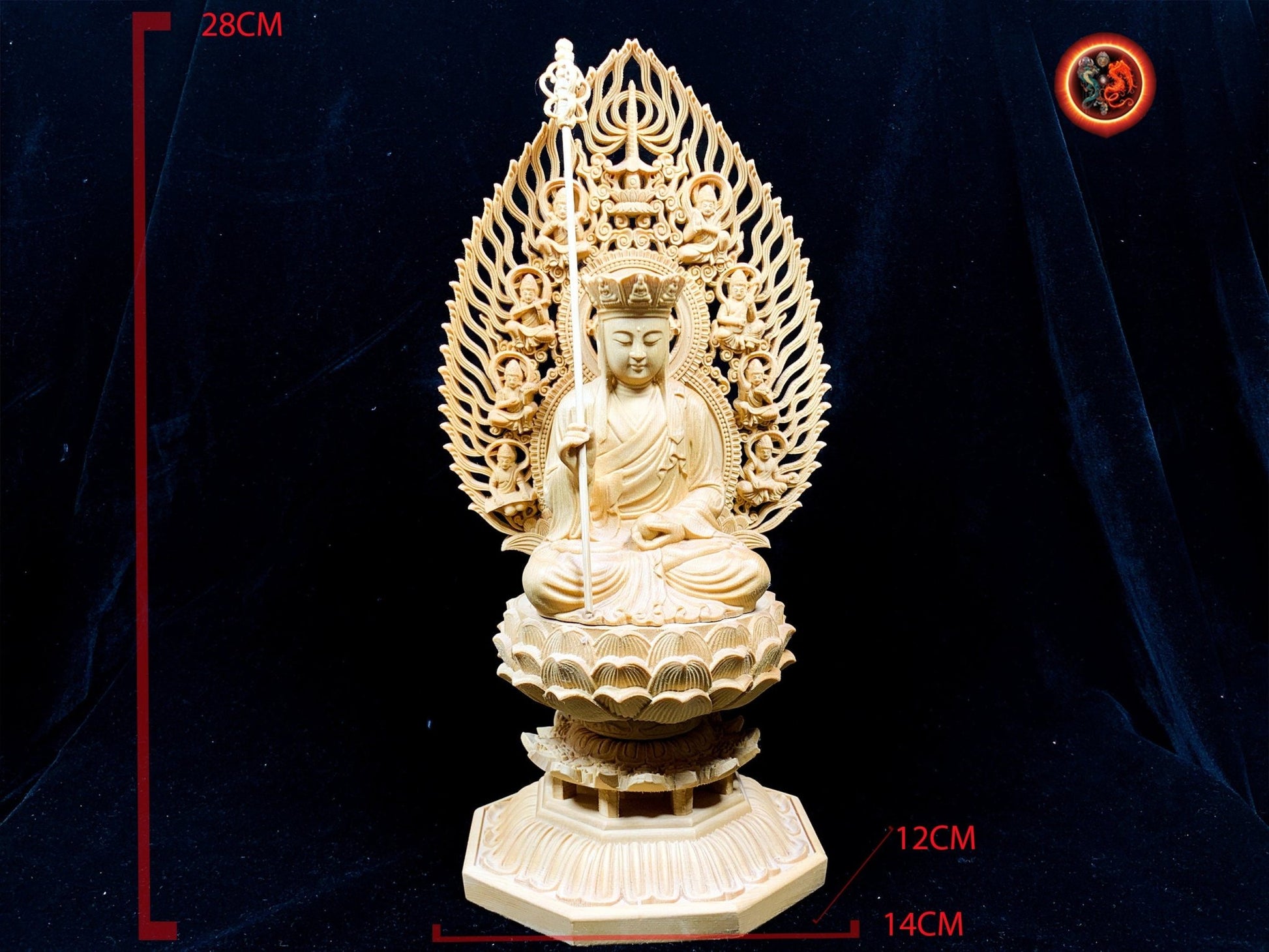 Statue, statuette bouddha. Bodhisattva Jizo, Dizang Cedre jaune d'Alaska Travail artisanal exceptionnel. Démontable Dimensions 32cm/16cm/15cm - obsidian dragon