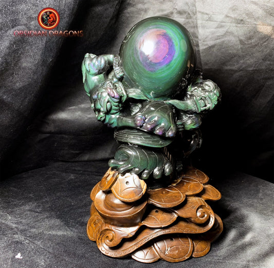 magnifique statue en obsidienne oeil celeste entièrement faite a la main. Couple de Pixiu, protecteurs feng shui. support en palissandre. - obsidian dragon