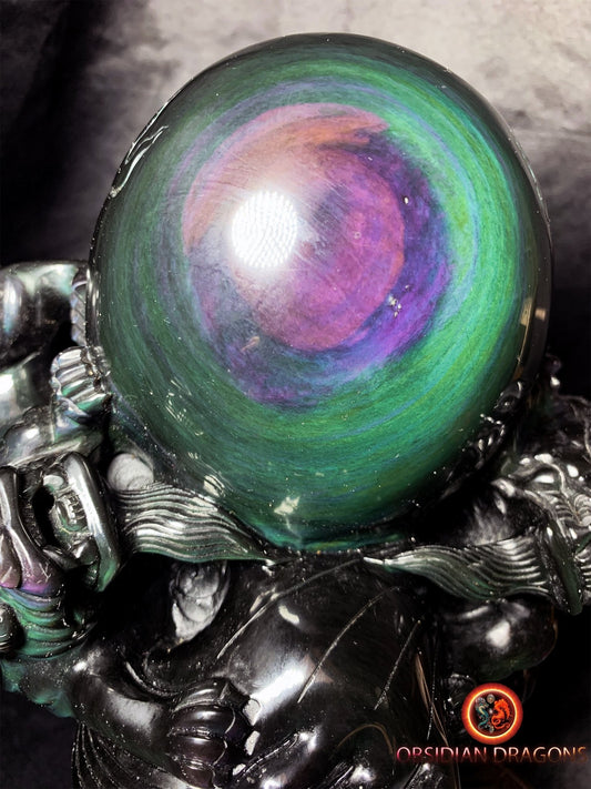 magnifique statue en obsidienne oeil celeste entièrement faite a la main. Couple de Pixiu, protecteurs feng shui. support en palissandre. - obsidian dragon